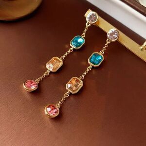 Goldtone Faux Gemstone Drop Earrings Pink Orange Blue
